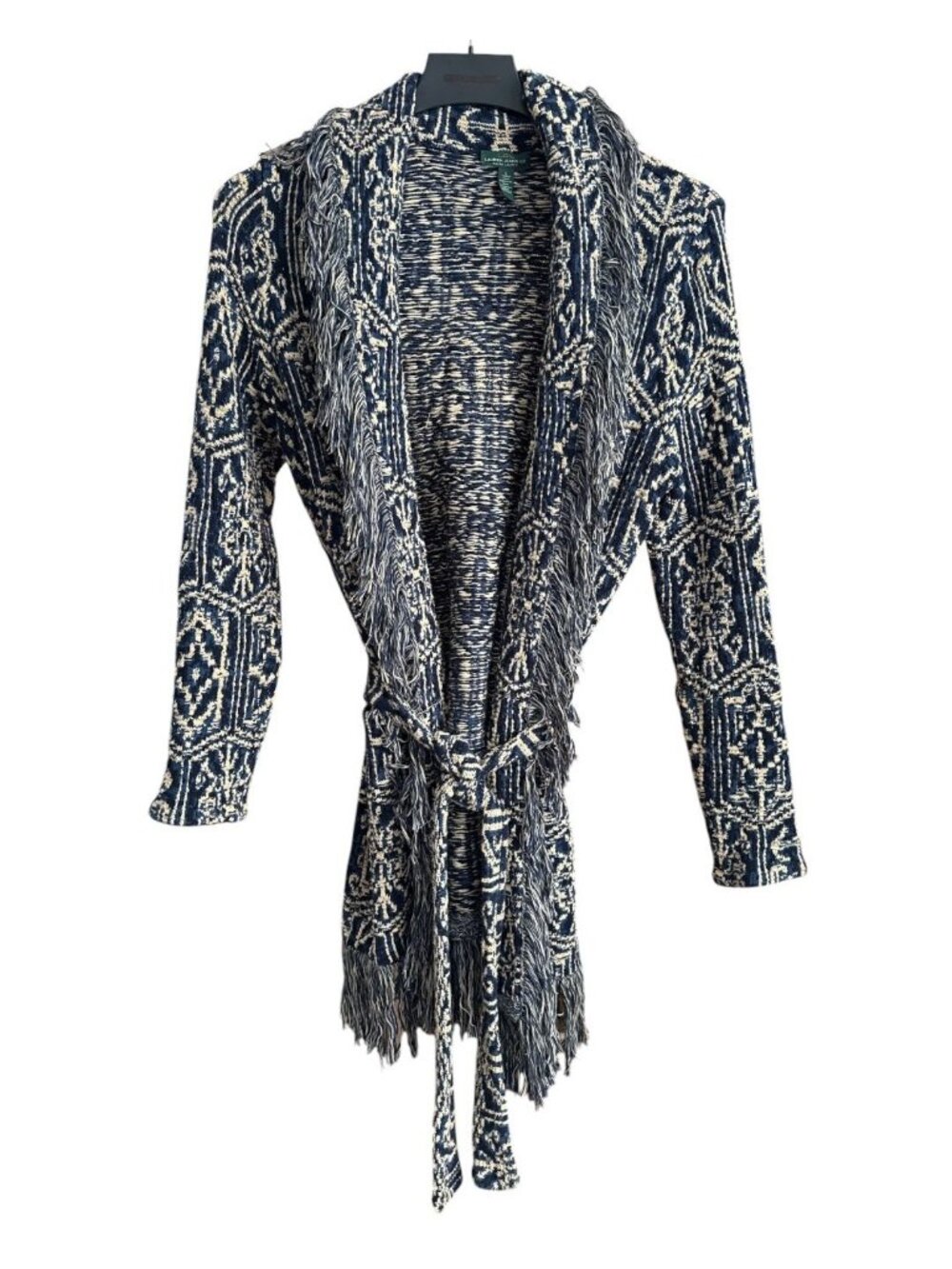 Lauren Ralph Lauren Blue Cream Fringe Cardigan Sweater Large Cotton Pockets